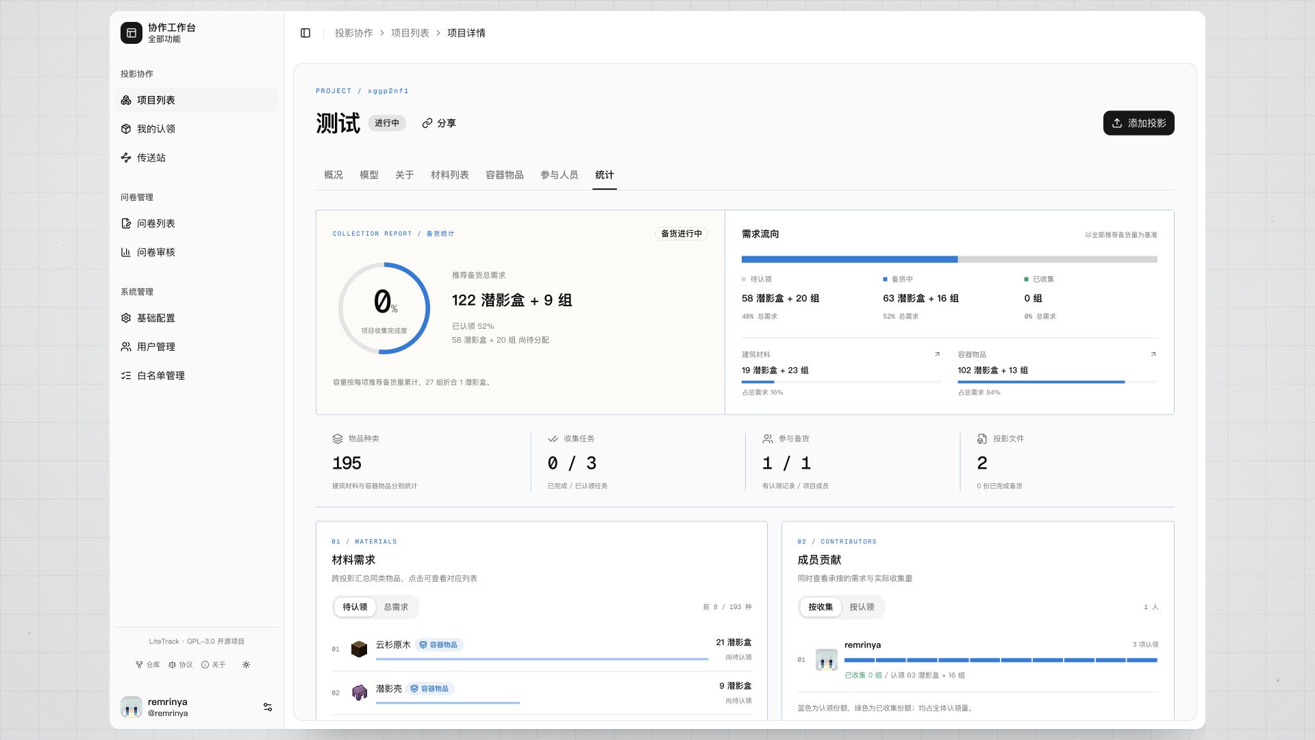 LiteTrack 桌面端项目统计:需求分布、收集进度和成员贡献